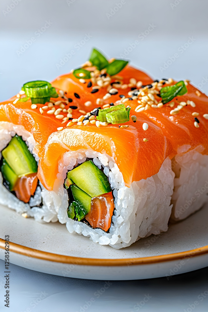 Salmon sushi rolls with cucumber and carrots on white plate. Gourmet lunch serving Salmon sushi rolls with cucumber and carrots on white plate. Gourmet lunch serving
