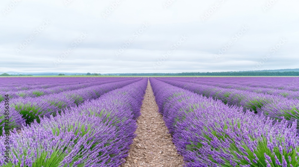 Obraz premium Lavender field rows under overcast sky. Possible use stock photo