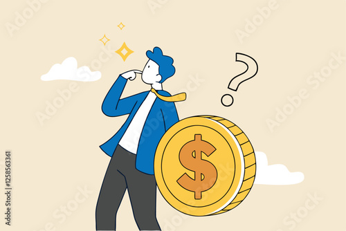 Money question, where to invest, pay off debt or invest to earn profit, financial choice or alternative to make decision concept, businessman investor holding money coin thinking about investment.