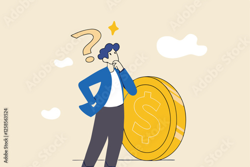 Money question, where to invest, pay off debt or invest to earn profit, financial choice or alternative to make decision concept, businessman investor holding money coin thinking about investment.