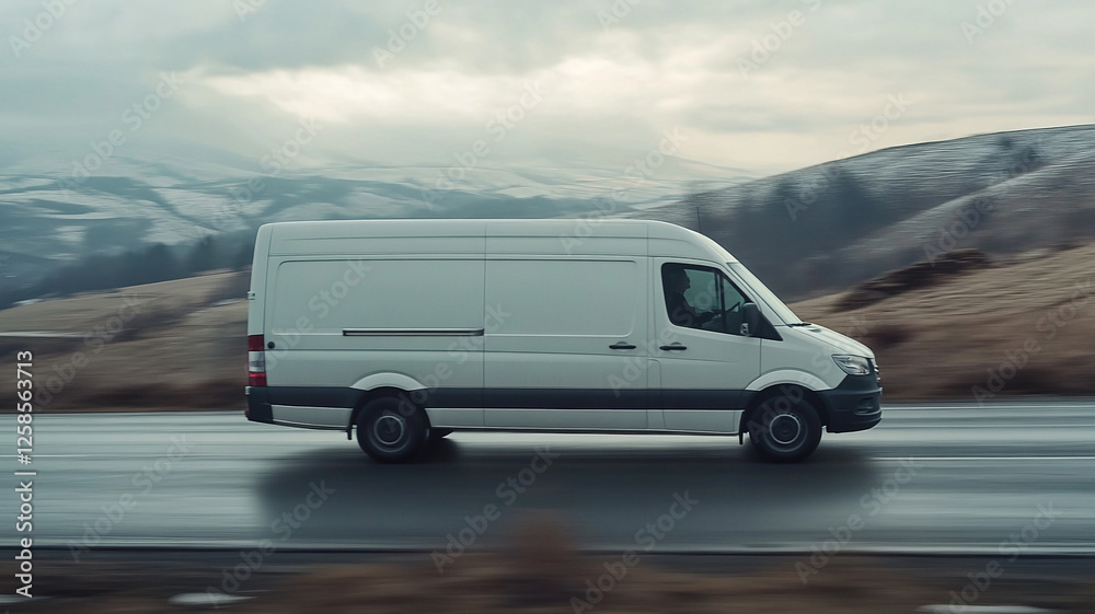A white delivery van driving on the road. A white delivery van driving on the road.