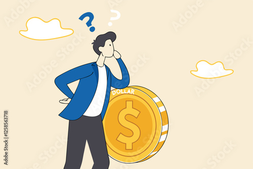 Money question, where to invest, pay off debt or invest to earn profit, financial choice or alternative to make decision concept, businessman investor holding money coin thinking about investment.