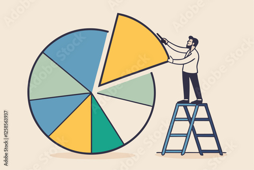 Investment asset allocation and rebalance concept, businessman investor or financial planner standing on ladder to arrange pie chart as rebalancing investment portfolio to suitable for risk and return