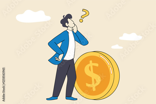 Money question, where to invest, pay off debt or invest to earn profit, financial choice or alternative to make decision concept, businessman investor holding money coin thinking about investment.