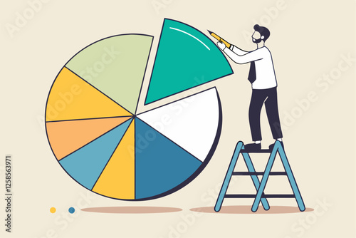 Investment asset allocation and rebalance concept, businessman investor or financial planner standing on ladder to arrange pie chart as rebalancing investment portfolio to suitable for risk and return