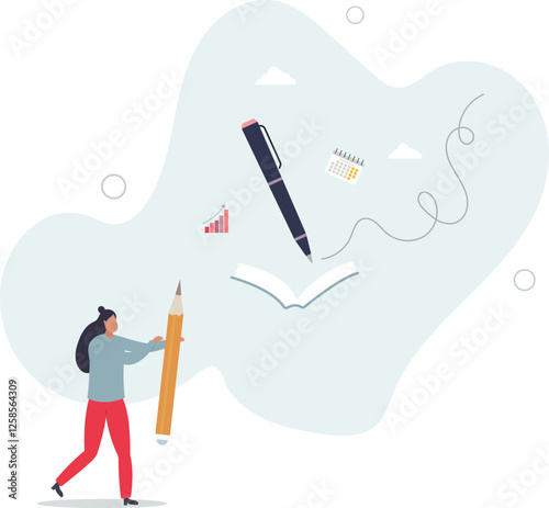 Bullet journaling method for daily tasks organization.Write journal with work activities and agenda for productivity and efficiency.flat character life .