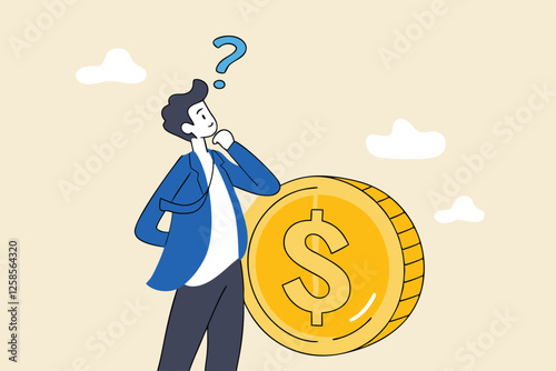 Money question, where to invest, pay off debt or invest to earn profit, financial choice or alternative to make decision concept, businessman investor holding money coin thinking about investment.