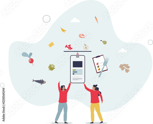 Personal nutrition couching with dietary advice trainer.Weight loss program instructor with food calories counting app .flat character life .