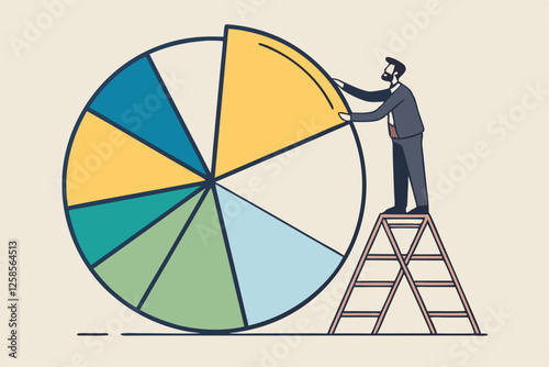 Investment asset allocation and rebalance concept, businessman investor or financial planner standing on ladder to arrange pie chart as rebalancing investment portfolio to suitable for risk and return