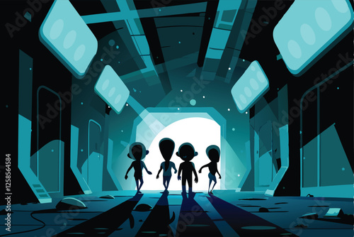 Three insectoid aliens cautiously explore a derelict spaceship's dimly lit, overgrown interior, examining strange technology.