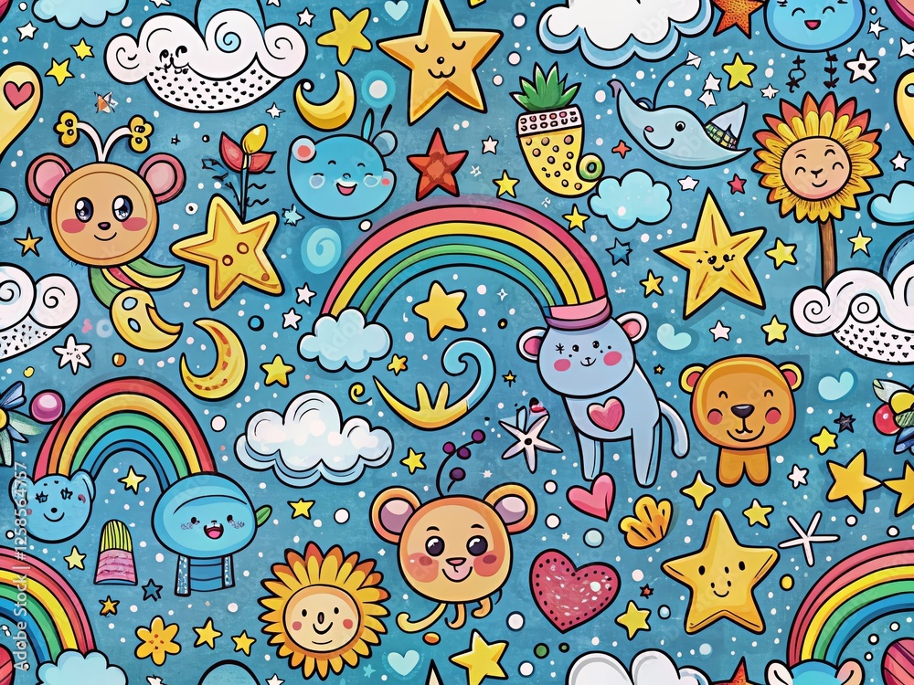 Naklejka premium Whimsical Doodle Pattern Panoramic: Kids Room Wall Decor, Childrens Wallpaper Design