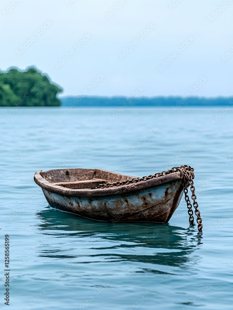 Fototapeta premium Small rowboat on calm sea, background with island forest for transportation or vacation imagery