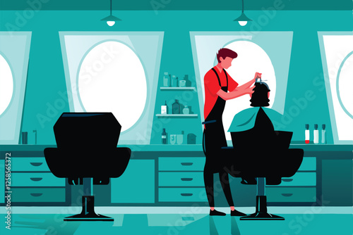 A skilled hair stylist meticulously styles a client's hair in a modern, brightly lit salon.  Focus on the stylist's hands and the client's hair.