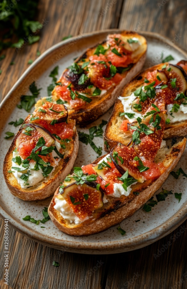 Slices of Bruschetta with Figs and Cream Cheese on a Plate, Top View Slices of Bruschetta with Figs and Cream Cheese on a Plate, Top View