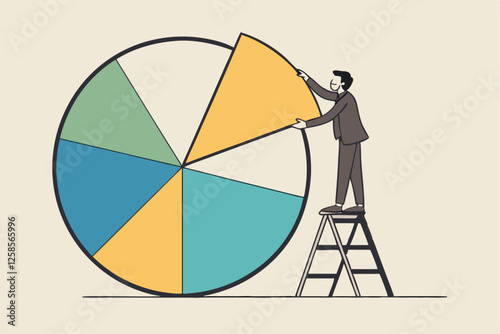 Investment asset allocation and rebalance concept, businessman investor or financial planner standing on ladder to arrange pie chart as rebalancing investment portfolio to suitable for risk and return