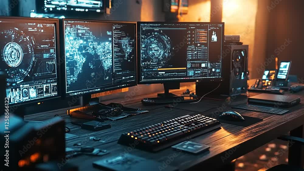 Cyber Security Workstation with Triple Monitor Setup Displaying Global Network Data