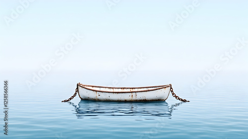 Solitary rowboat floats tranquilly on calm waters, offering peace and escape on a hazy horizon