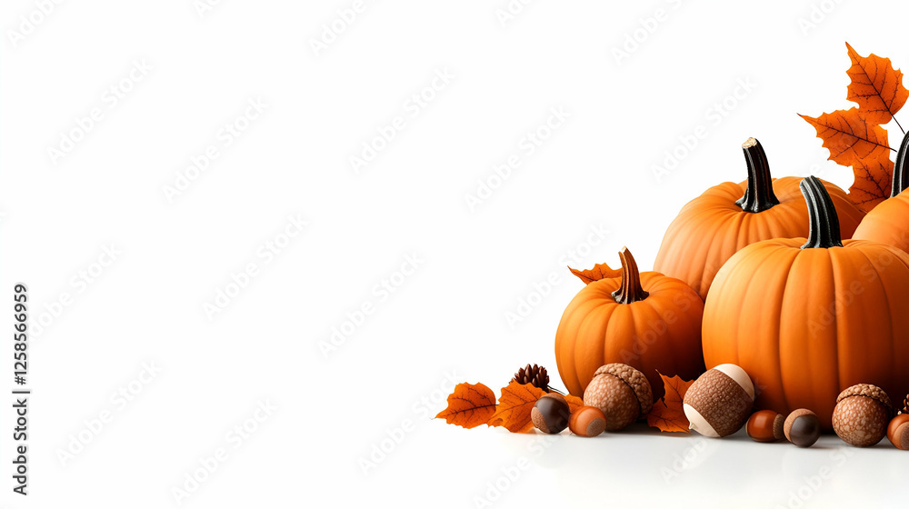 A vibrant arrangement of orange pumpkins and acorns, perfect for autumn decor and seasonal festivities. A vibrant arrangement of orange pumpkins and acorns, perfect for autumn decor and seasonal festivities.