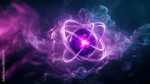 A vibrant atomic structure illuminated by purple and pink light, surrounded by swirling energy and particles.