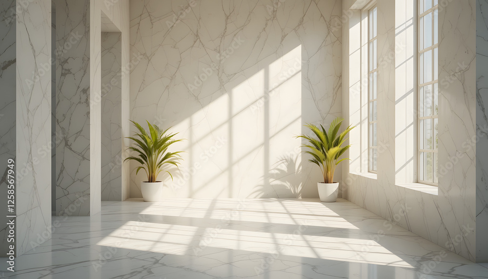 Fototapeta premium Bright Minimalist Room With Marble Walls and Potted Plants