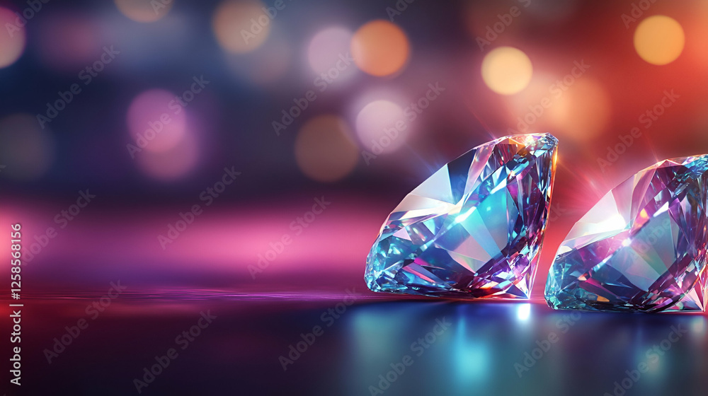 Beautifully cut diamonds sparkling against a colorful blurred background, perfect for luxury and elegance themes. Beautifully cut diamonds sparkling against a colorful blurred background, perfect for luxury and elegance themes.