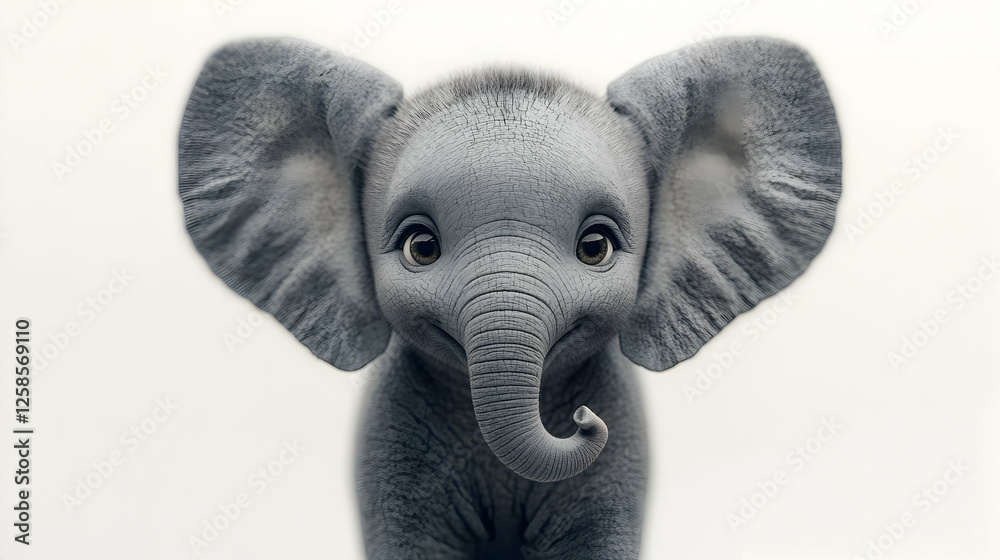 Fototapeta premium Cute baby elephant portrait against white background; suitable for children's book illustrations or greeting cards