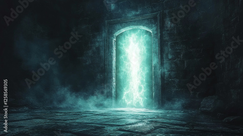 Mysterious glowing portal doorway illuminates dark fantasy cave environment with ethereal blue light atmosphere