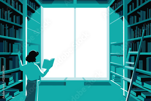 A cheerful librarian meticulously organizes books on overflowing shelves in a cozy, well-lit library.  Warm lighting enhances the scene.