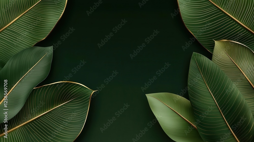 Obraz premium Green tropical leaves frame a dark green background, perfect for nature-themed designs.