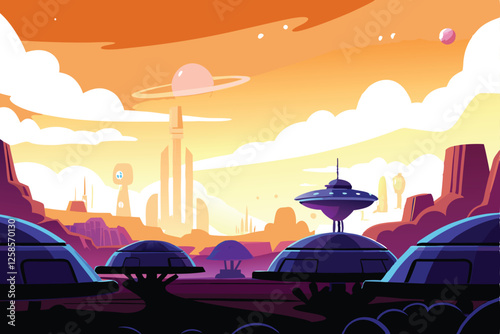 Eerie Martian cityscape at night, towering alien architecture illuminated by vibrant neon lights, showcasing advanced alien technology.