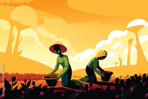 Alien farmers in vibrant exosuits harvest bioluminescent fruits & strange vegetables on a lush, alien planet.  Depict advanced farming technology.