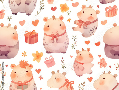 Cute Baby Hippo Seamless Pattern with Gifts and Floral Elements