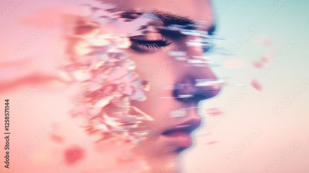 Fototapeta premium Close-up profile of a young woman's face, partially obscured by a dreamy, fragmented effect in soft pink and purple hues.