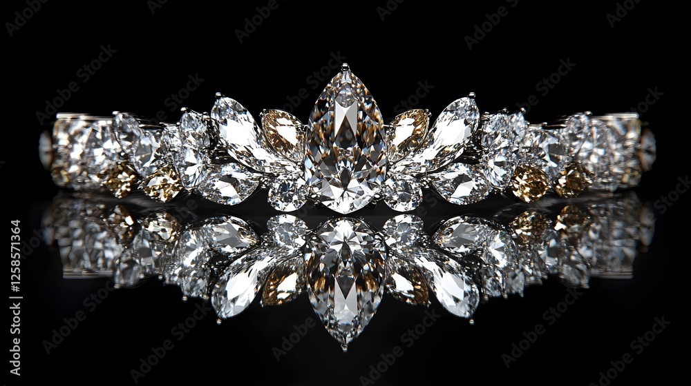 Sparkling Diamond Tiara with Pear-Shaped Gemstones on Black Reflective Surface Sparkling Diamond Tiara with Pear-Shaped Gemstones on Black Reflective Surface