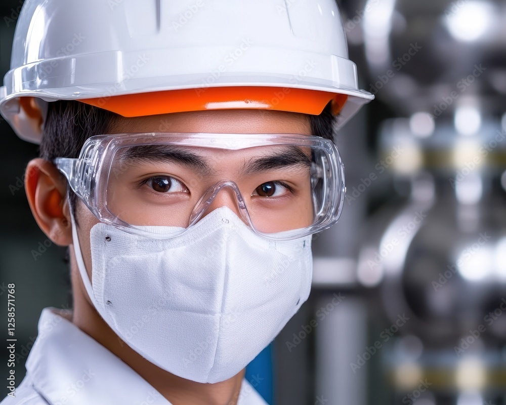 Confident young worker in protective gear at industrial site, showcasing safety first. Confident young worker in protective gear at industrial site, showcasing safety first.