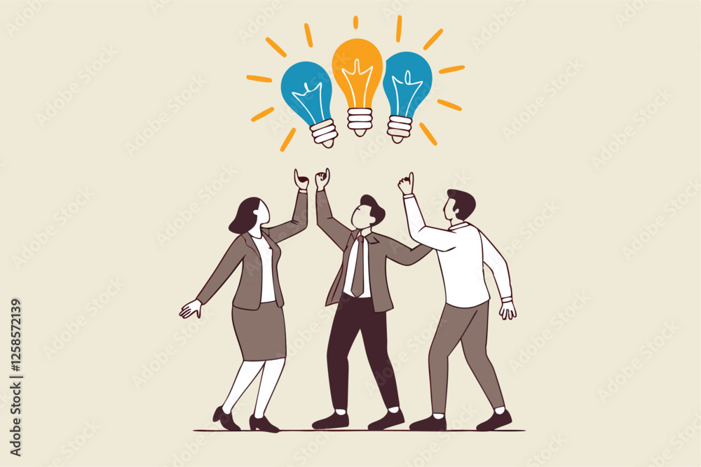 Sharing business ideas, collaboration meeting, sharing knowledge, teamwork or people thinking the same idea concept, smart thinking businessmen people office workers team up share lightbulb lamp idea. Sharing business ideas, collaboration meeting, sharing knowledge, teamwork or people thinking the same idea concept, smart thinking businessmen people office workers team up share lightbulb lamp idea.