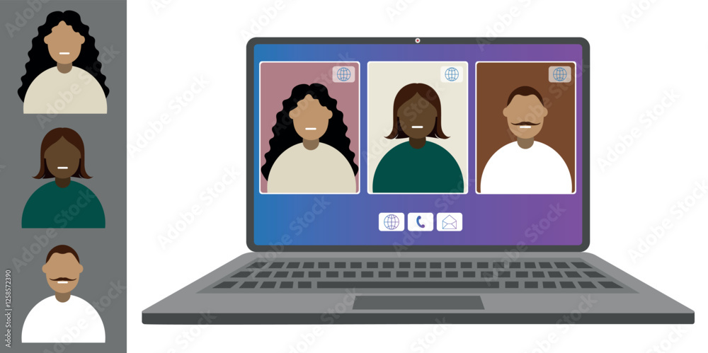 Video call conference working from home Colleagues of different nationalities and ages talk to each other on the laptop screen Isolated illustration on white background in flat style trendy colors Video call conference working from home Colleagues of different nationalities and ages talk to each other on the laptop screen Isolated illustration on white background in flat style trendy colors