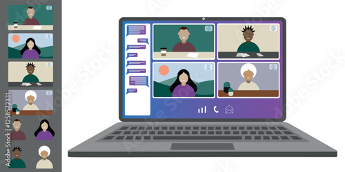 Video call conference working from home Colleagues of different nationalities and ages talk to each other on the laptop screen Isolated illustration on white background in flat style trendy colors