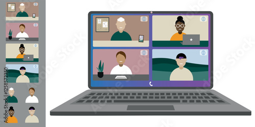 Video call conference working from home Colleagues of different nationalities and ages talk to each other on the laptop screen Isolated illustration on white background in flat style trendy colors