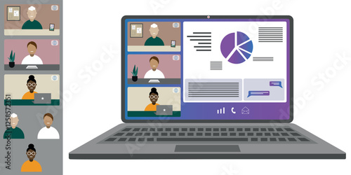 Video call conference working from home Colleagues of different nationalities and ages talk to each other on the laptop screen Isolated illustration on white background in flat style trendy colors