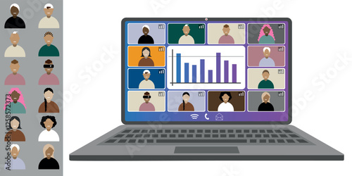 Video call conference working from home Colleagues of different nationalities and ages talk to each other on the laptop screen Isolated illustration on white background in flat style trendy colors