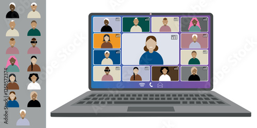Video call conference working from home Colleagues of different nationalities and ages talk to each other on the laptop screen Isolated illustration on white background in flat style trendy colors