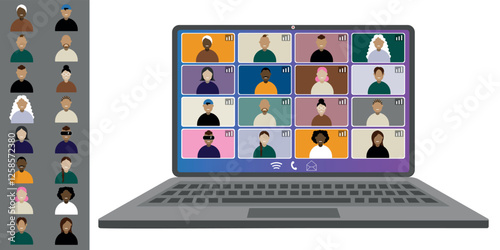 Video call conference working from home Colleagues of different nationalities and ages talk to each other on the laptop screen Isolated illustration on white background in flat style trendy colors