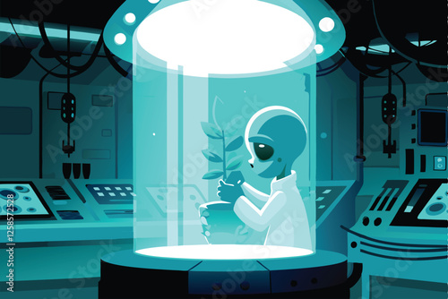 An alien botanist, clad in futuristic lab coat, meticulously examines a bioluminescent extraterrestrial plant within a high-tech laboratory.