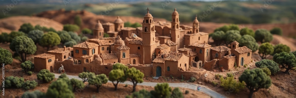 Fototapeta premium Ancient village with brown brick buildings under golden sunlight