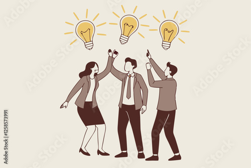 Sharing business ideas, collaboration meeting, sharing knowledge, teamwork or people thinking the same idea concept, smart thinking businessmen people office workers team up share lightbulb lamp idea.