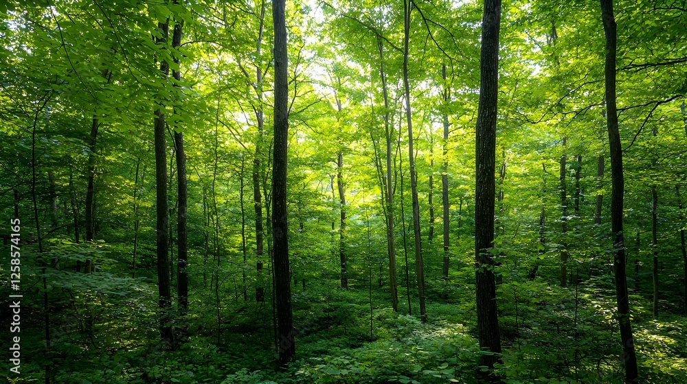 Lush Green Forest Sunlight Dappled Through Trees Lush Green Forest Sunlight Dappled Through Trees