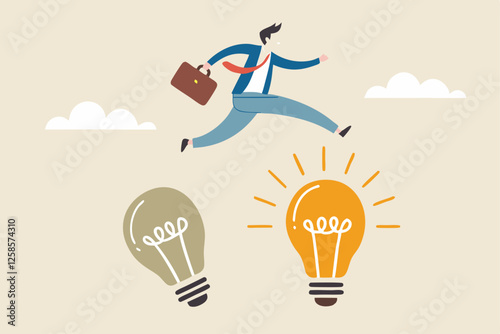 Business transformation, change management or transition to better innovative company, improvement and adaptation to new normal concept, smart businessman jump from old to new shiny lightbulb idea.