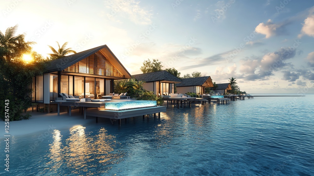 Fototapeta premium Luxurious tropical overwater bungalows in the Maldives with sunlight casting warm reflections on the calm sea, pristine beaches, crystalclear water, tropical paradise vibes