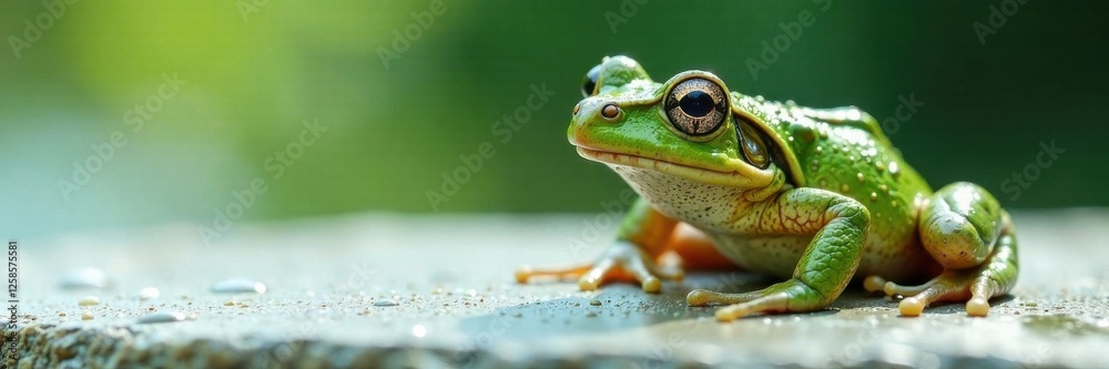 Fototapeta premium White panel on a frog's back with water droplets, nature, wildlife